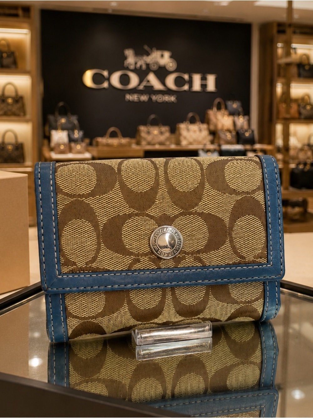 Coach Signature Canvas Trifold Wallet with Blue Leather Trim